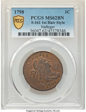 image for: 1798 1C First Hair Style, S-161, B-22, R.2, MS62 Brown PCGS....