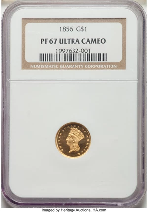 image for: 1856 G$1 Slanted 5 PR67 Ultra Cameo NGC. JD-1, High R.6....
