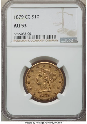 image for: 1879-CC $10 AU53 NGC. Variety 1-A....