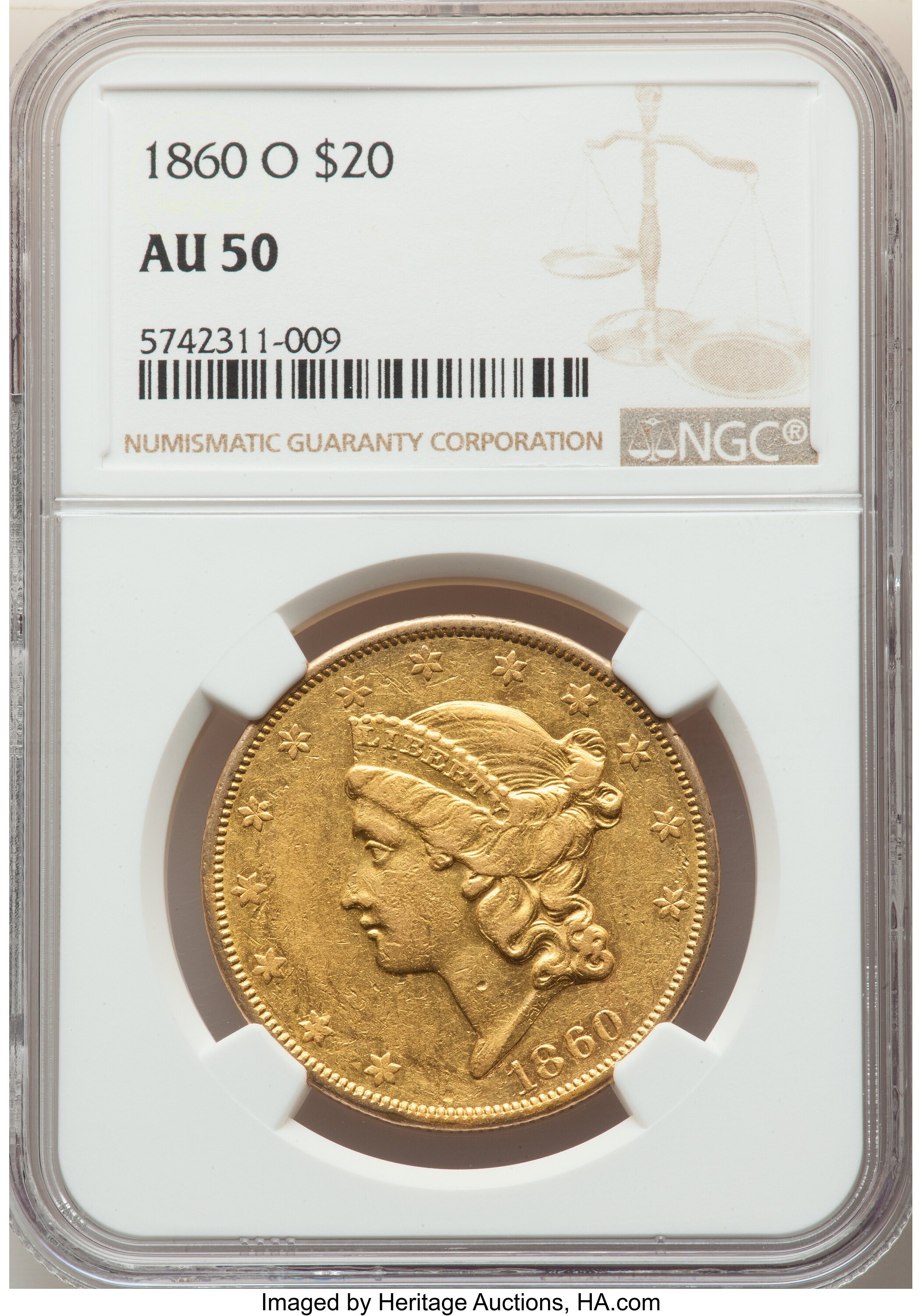 image for: 1860-O $20 AU50 NGC. Variety 1....