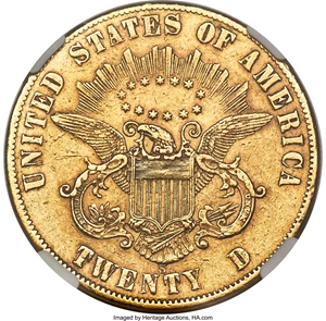 image for: 1861-S $20 Paquet AU50 NGC....