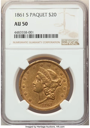 image for: 1861-S $20 Paquet AU50 NGC....