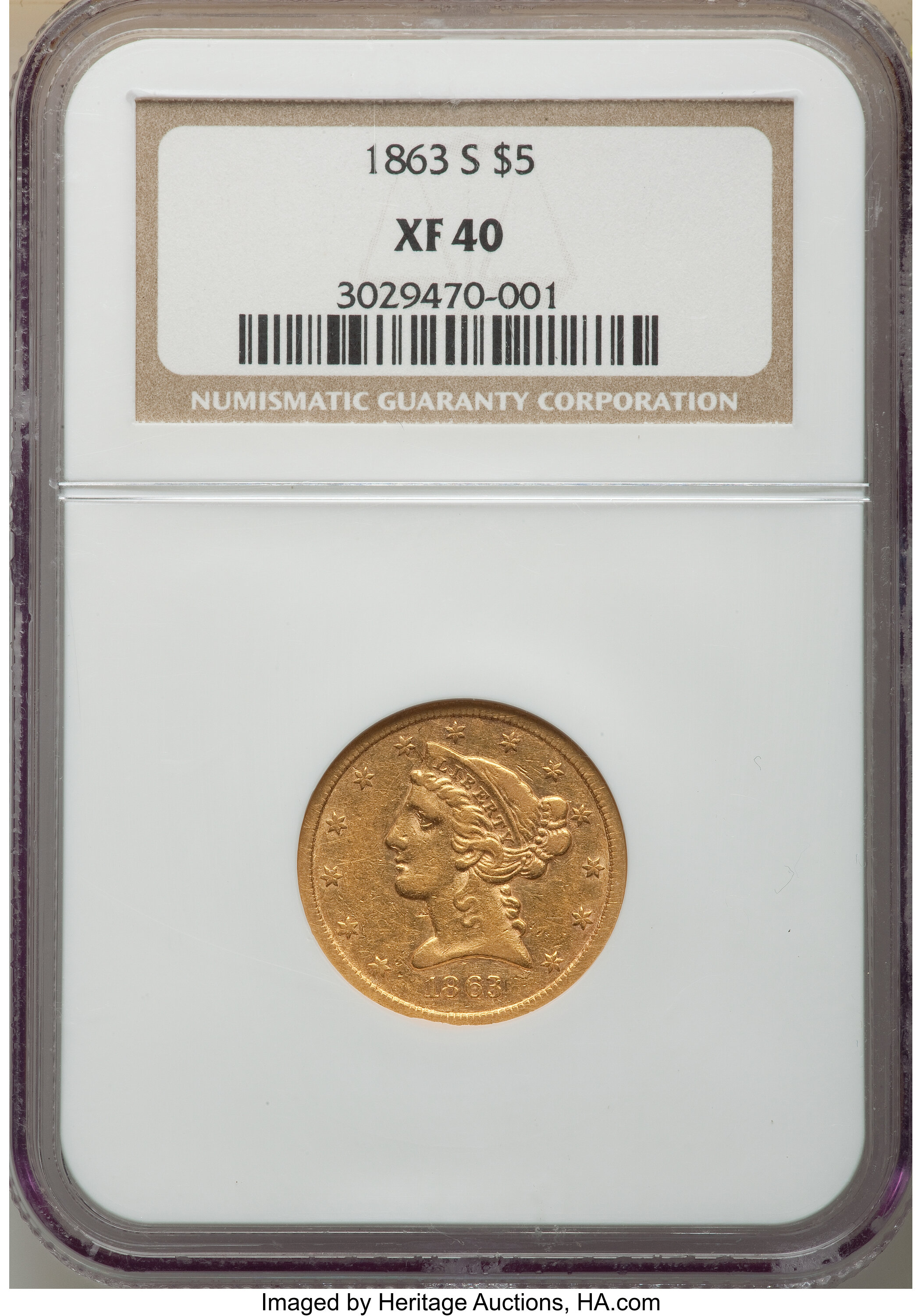 image for: 1863-S $5 XF40 NGC....