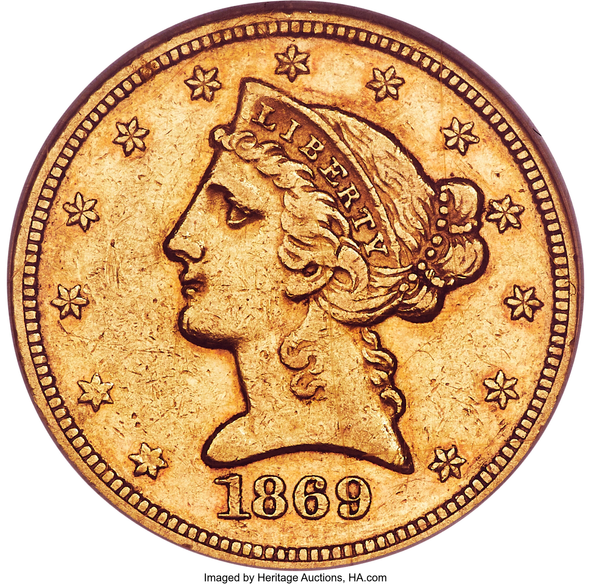 image for: 1869 $5 AU55 NGC....