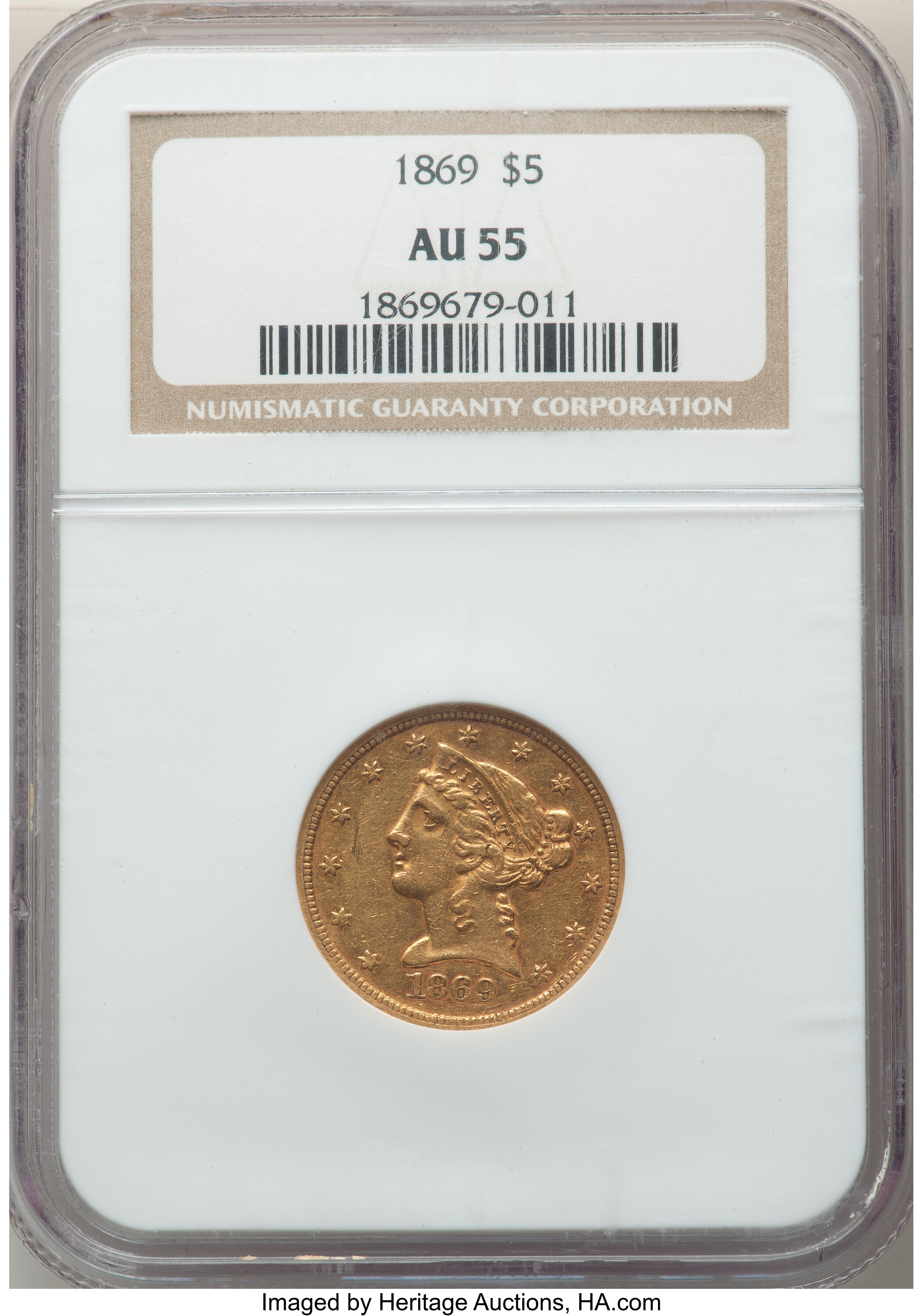 image for: 1869 $5 AU55 NGC....
