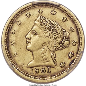 image for: 1861 $2 1/2 Clark, Gruber & Co. Quarter Eagle AU50 PCGS. K-5, R.4....