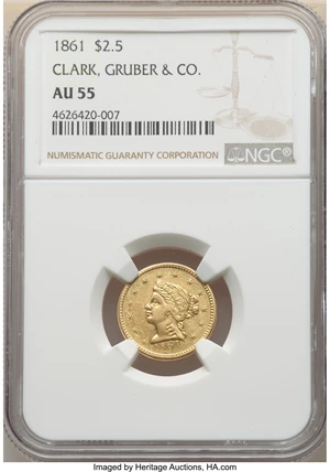 image for: 1861 $2 1/2 Clark, Gruber & Co. Quarter Eagle AU55 NGC. K-5, R.4....