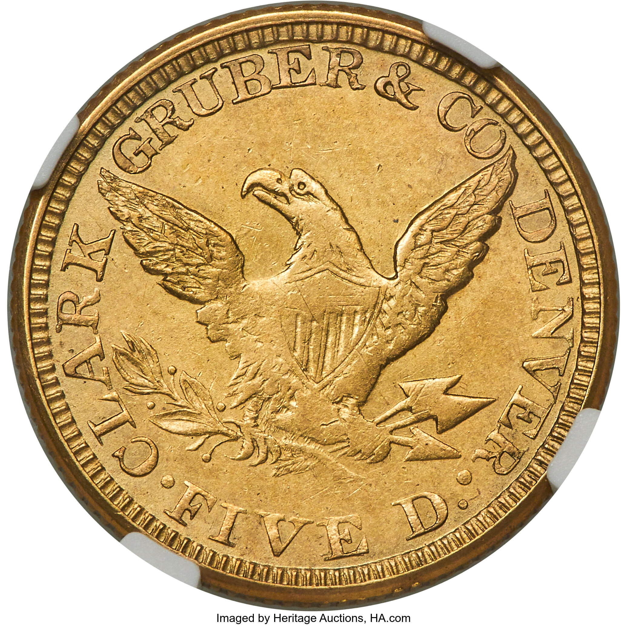 image for: 1861 $5 Clark, Gruber & Co. Five Dollar AU55 NGC. K-6, R.4. ...