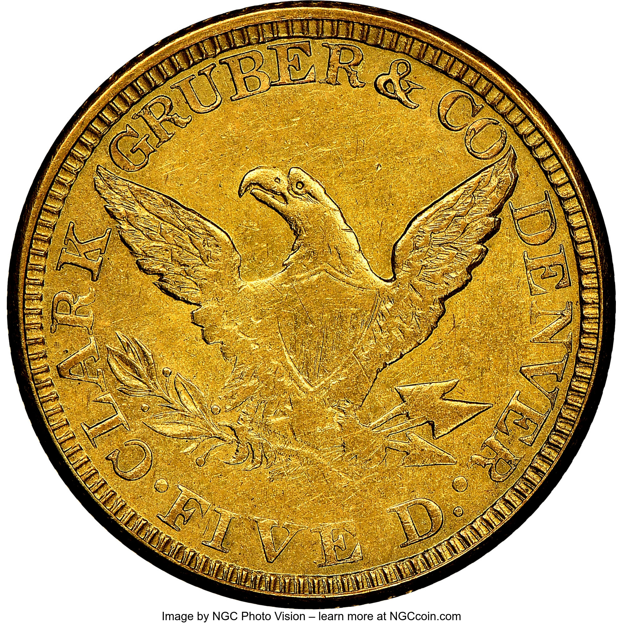 image for: 1861 $5 Clark, Gruber & Co. Five Dollar AU55 NGC. K-6, R.4. ...