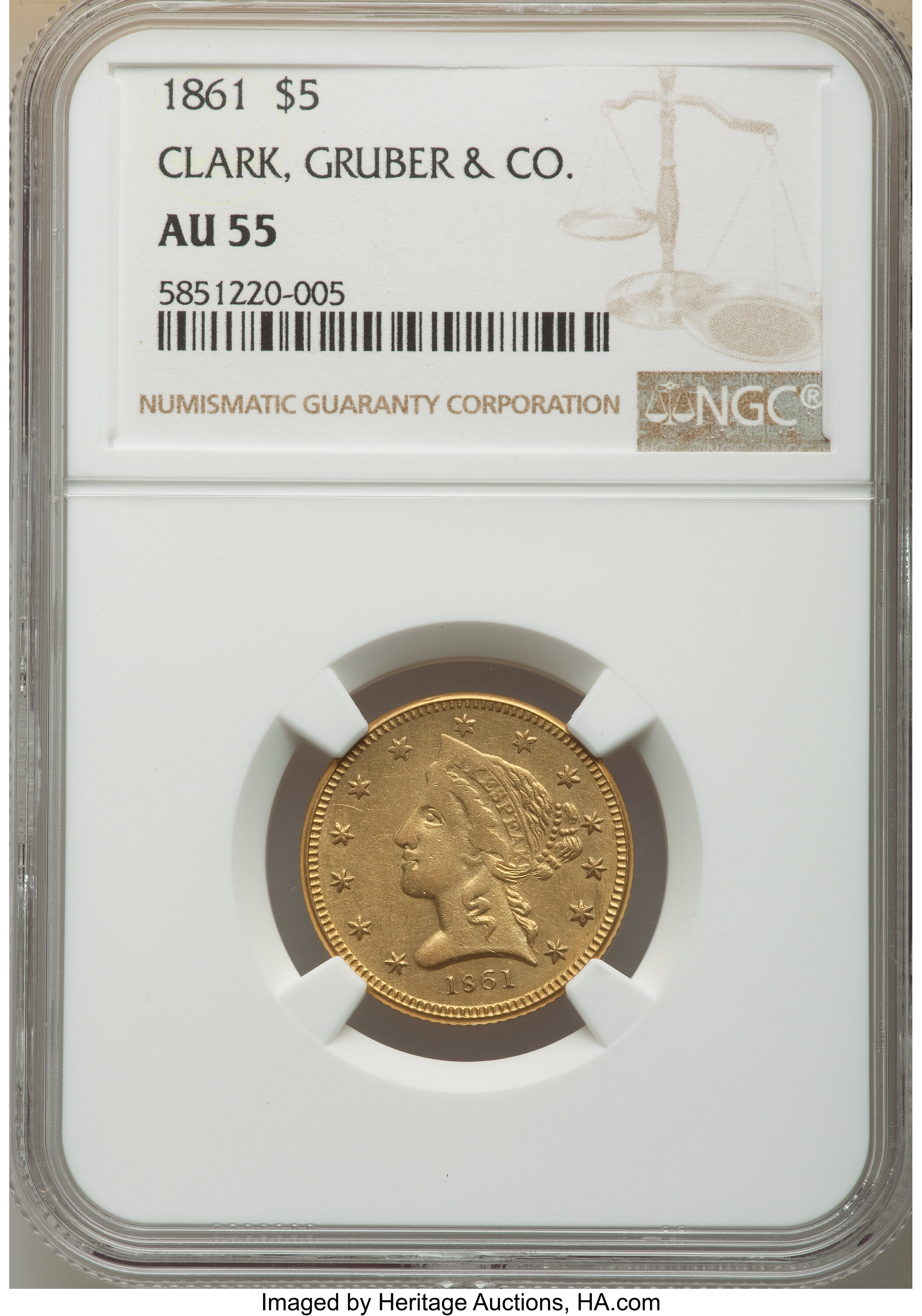 image for: 1861 $5 Clark, Gruber & Co. Five Dollar AU55 NGC. K-6, R.4. ...