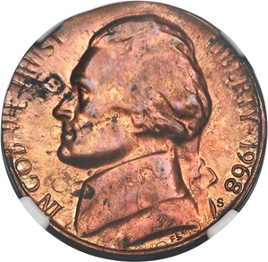 image for: 1968-S 5C Jefferson Nickel -- Overstruck on a 1968-S Cent, Double Denomination -- PR63 Red and Brown NGC....