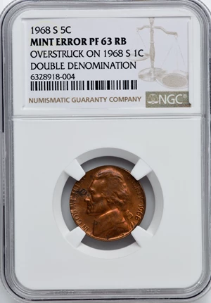 image for: 1968-S 5C Jefferson Nickel -- Overstruck on a 1968-S Cent, Double Denomination -- PR63 Red and Brown NGC....
