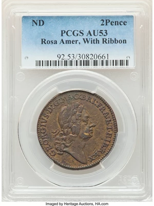 image for: Undated 2PENCE Rosa Americana Twopence, Motto in Ribbon, AU53 PCGS. PCGS Population: (3/26). NGC Census: (0/0). ...