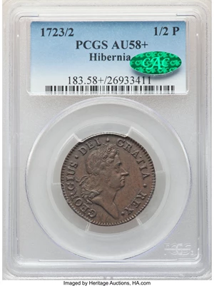 image for: 1723/2 1/2 P Hibernia Halfpenny AU58+ PCGS. CAC. PCGS Population: (2/4). NGC Census: (0/0)....