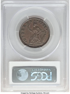image for: 1723/2 1/2 P Hibernia Halfpenny AU58+ PCGS. CAC. PCGS Population: (2/4). NGC Census: (0/0)....