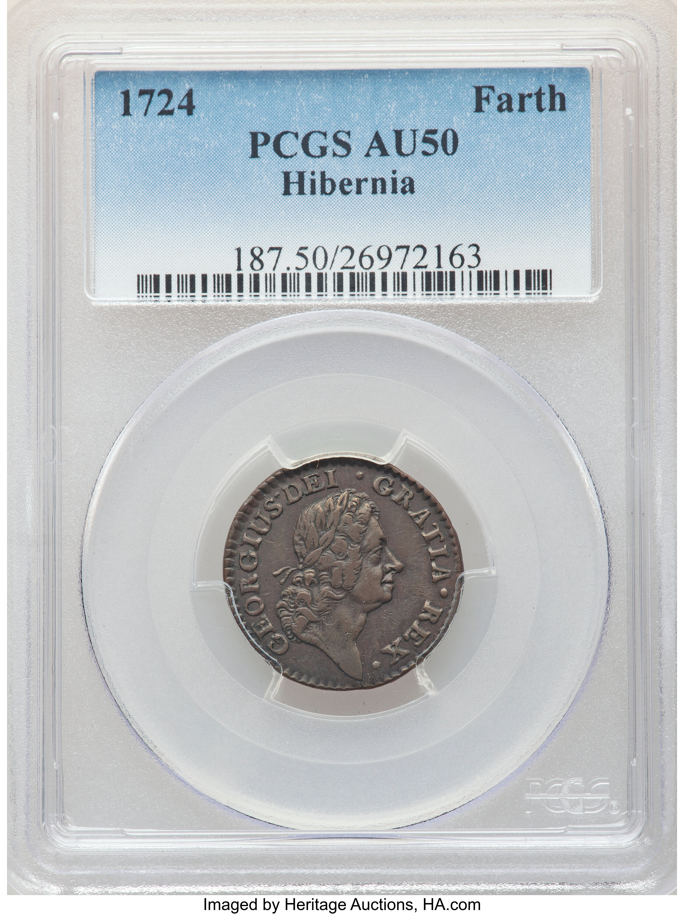image for: 1724 FARTH Hibernia Farthing AU50 PCGS. PCGS Population: (2/12). NGC Census: (0/0). CDN: $1,000 Whsle. Bid for NGC/PCGS AU5...