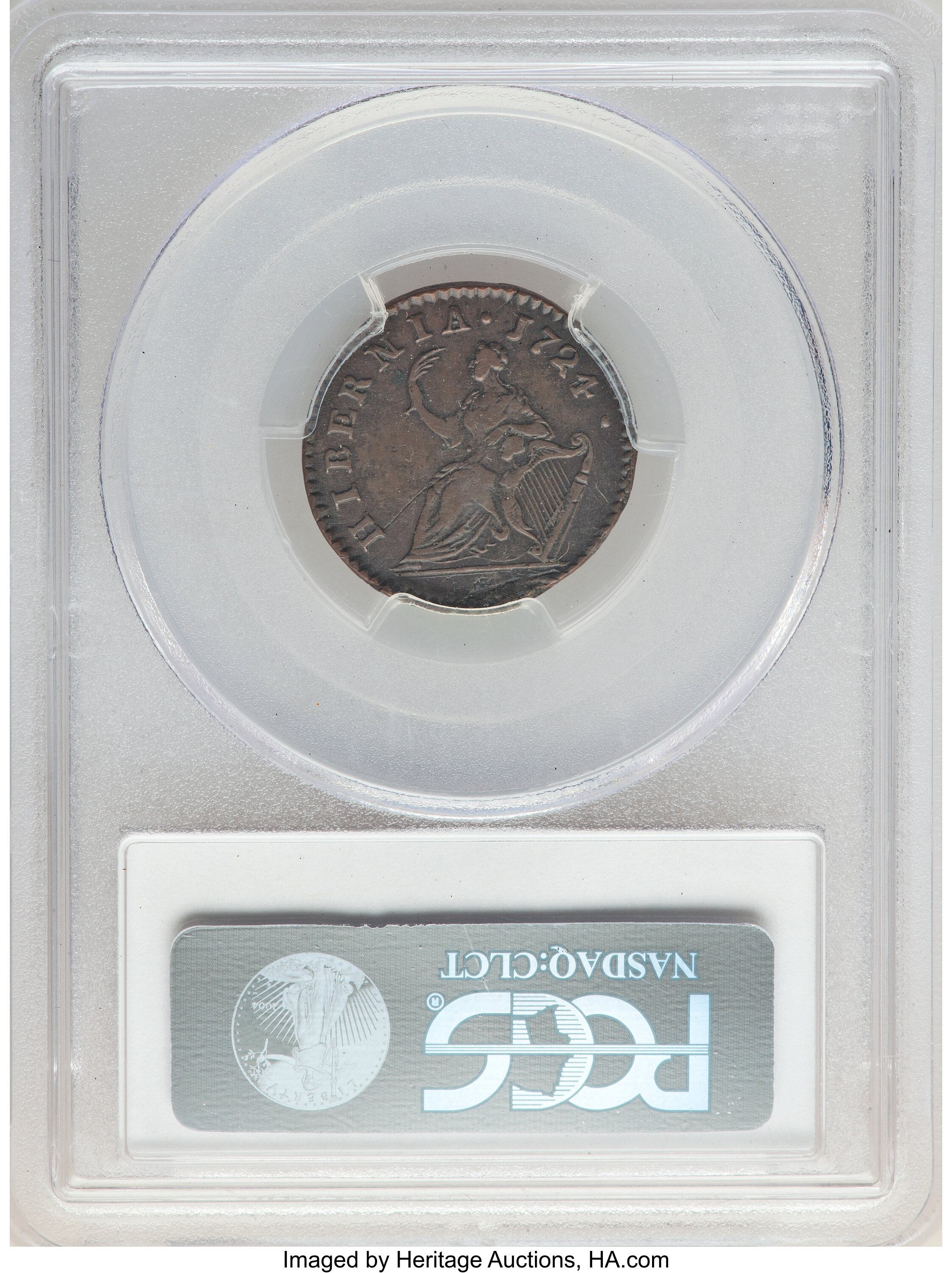 image for: 1724 FARTH Hibernia Farthing AU50 PCGS. PCGS Population: (2/12). NGC Census: (0/0). CDN: $1,000 Whsle. Bid for NGC/PCGS AU5...