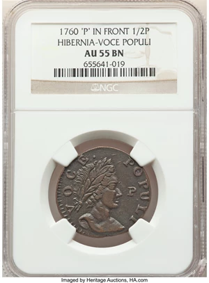 image for: 1760 1/2 P Hibernia-Voce Populi Halfpenny, P Before Face AU55 NGC. NGC Census: (0/0). PCGS Population: (3/4). CDN: $1,600 W...