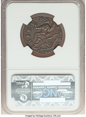 image for: 1760 1/2 P Hibernia-Voce Populi Halfpenny, P Before Face AU55 NGC. NGC Census: (0/0). PCGS Population: (3/4). CDN: $1,600 W...