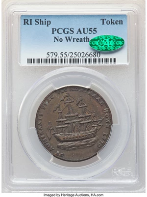 image for: 1778-1779 Token Rhode Island Ship Token, No Wreath, Brass, AU55 PCGS. CAC. Betts-562, W-1730, R.4. VLUGTENDE is absent from...