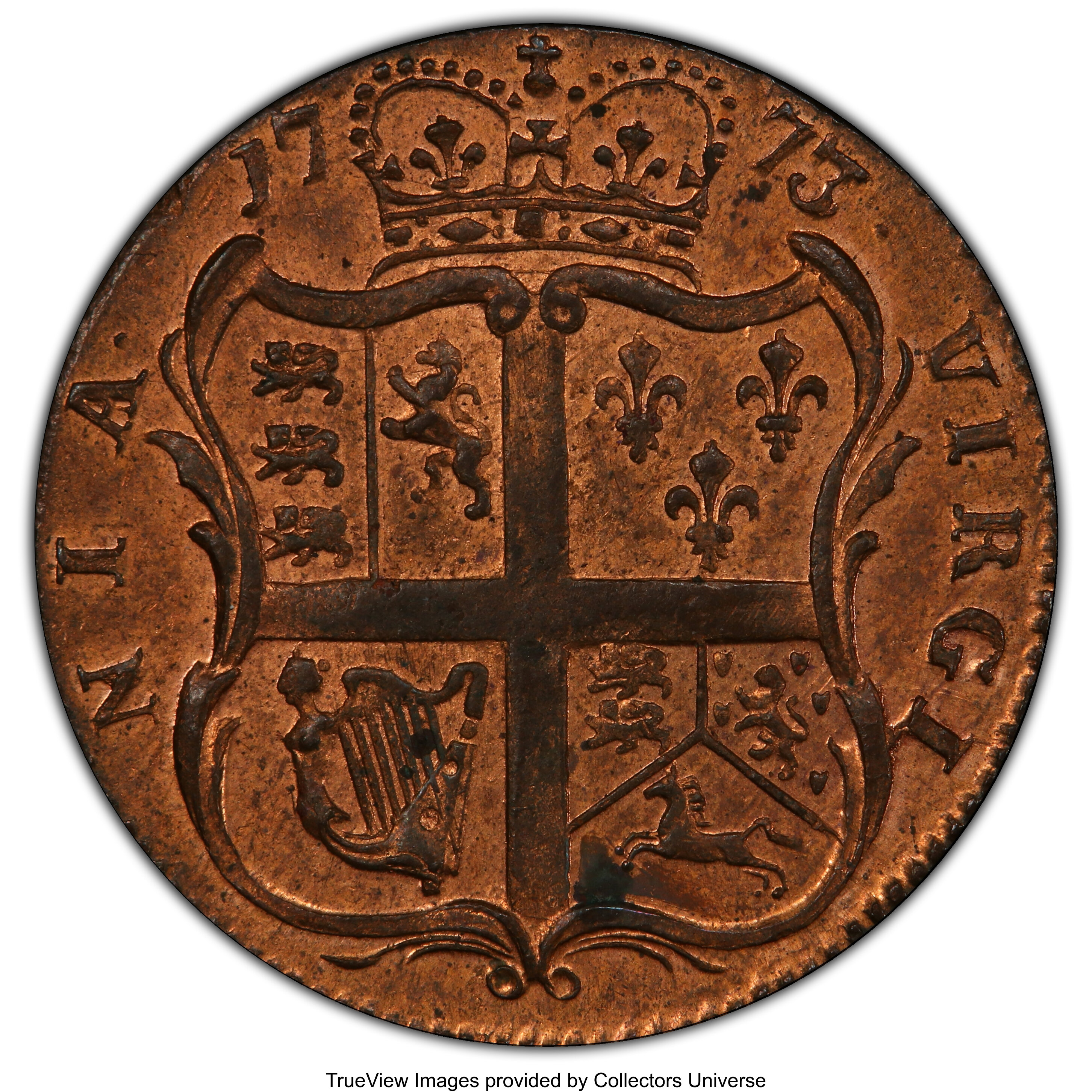 image for: 1773 1/2 P Virginia Halfpenny, Period, MS63 Red PCGS. PCGS Population: (19/47 and 1/1+). NGC Census: (0/0 and 0/0+). CDN: $...