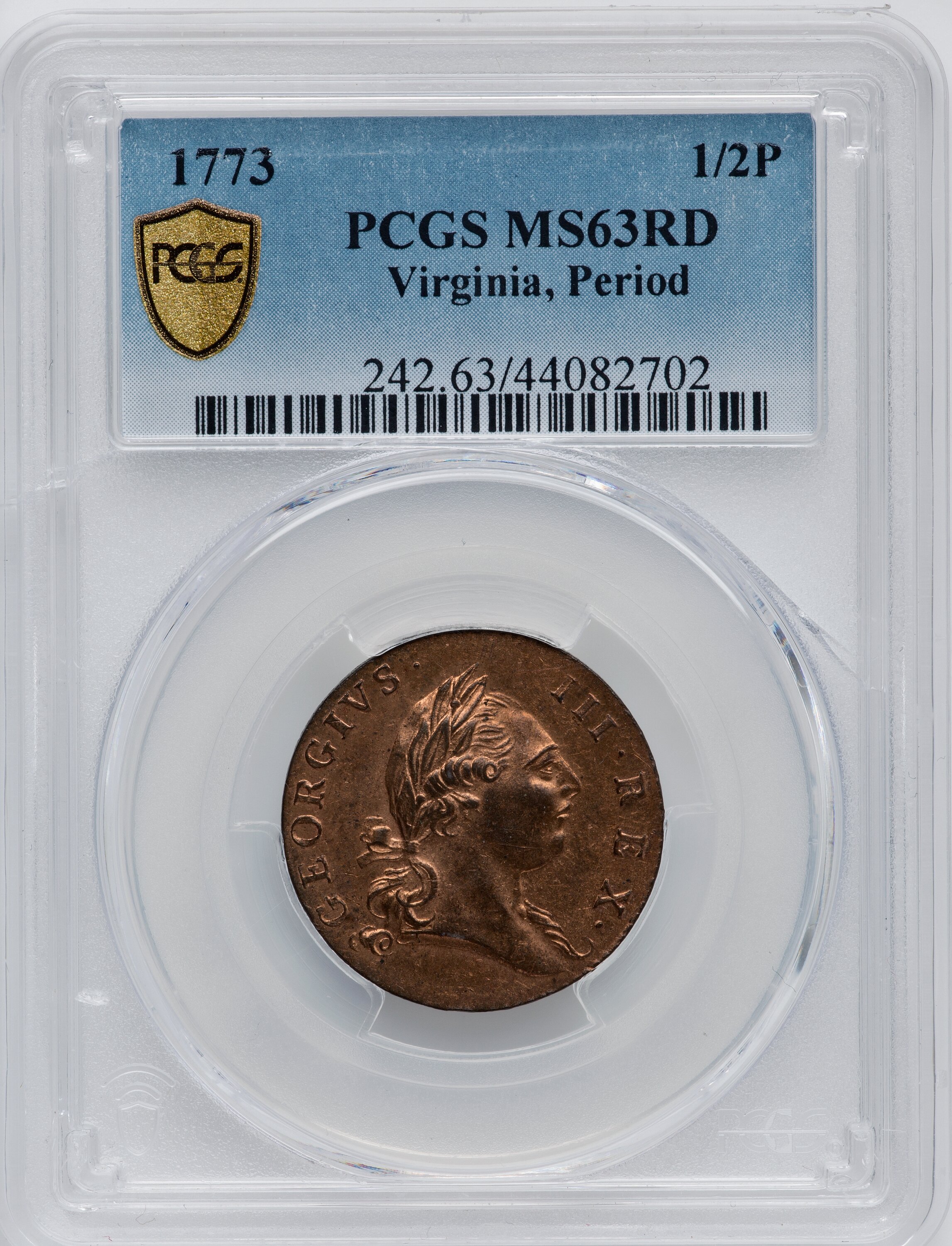image for: 1773 1/2 P Virginia Halfpenny, Period, MS63 Red PCGS. PCGS Population: (19/47 and 1/1+). NGC Census: (0/0 and 0/0+). CDN: $...