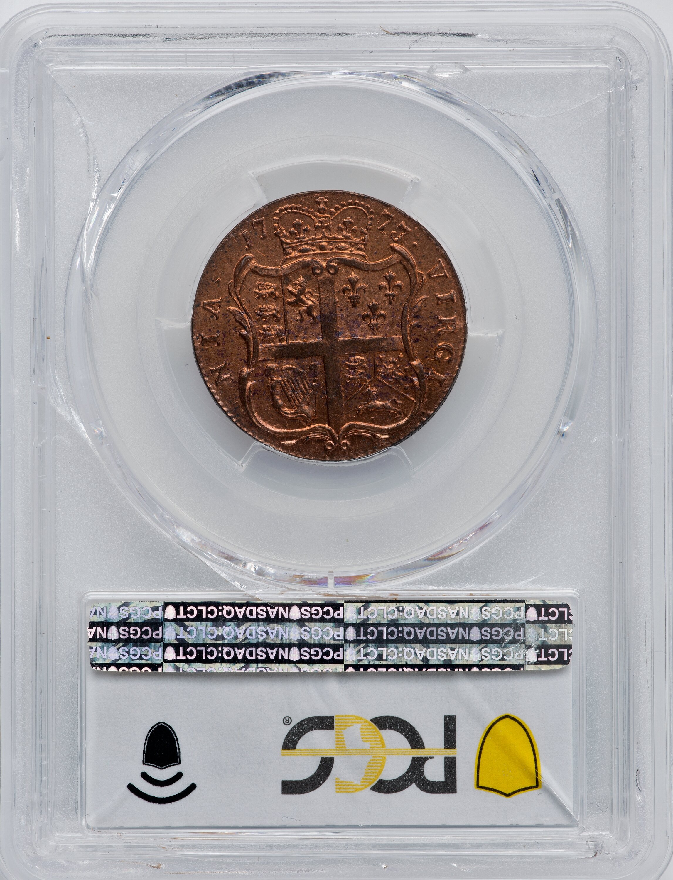 image for: 1773 1/2 P Virginia Halfpenny, Period, MS64 Red PCGS. PCGS Population: (44/3 and 1/0+). NGC Census: (0/0 and 0/0+). CDN: $2...