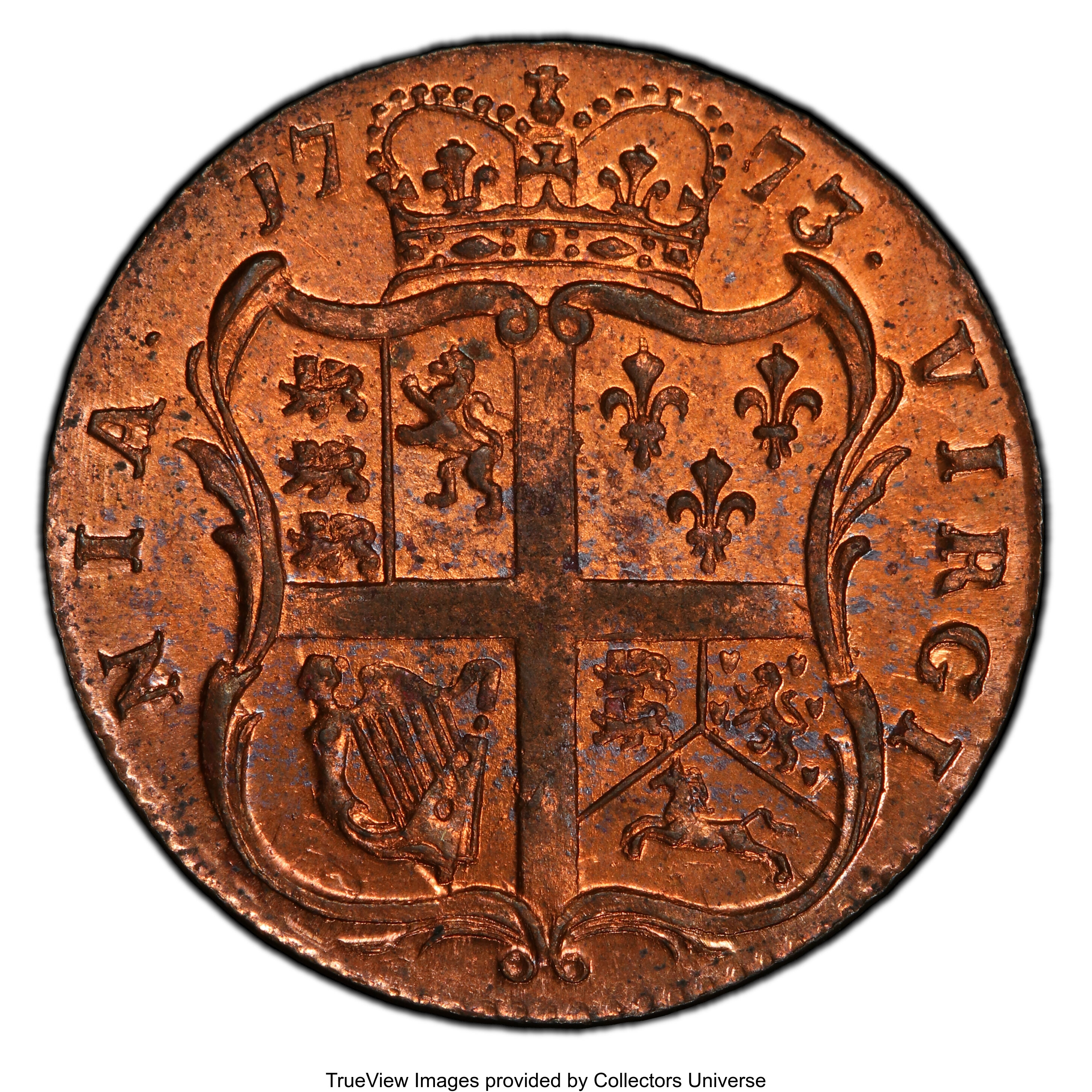 image for: 1773 1/2 P Virginia Halfpenny, Period, MS64 Red PCGS. PCGS Population: (44/3 and 1/0+). NGC Census: (0/0 and 0/0+). CDN: $2...