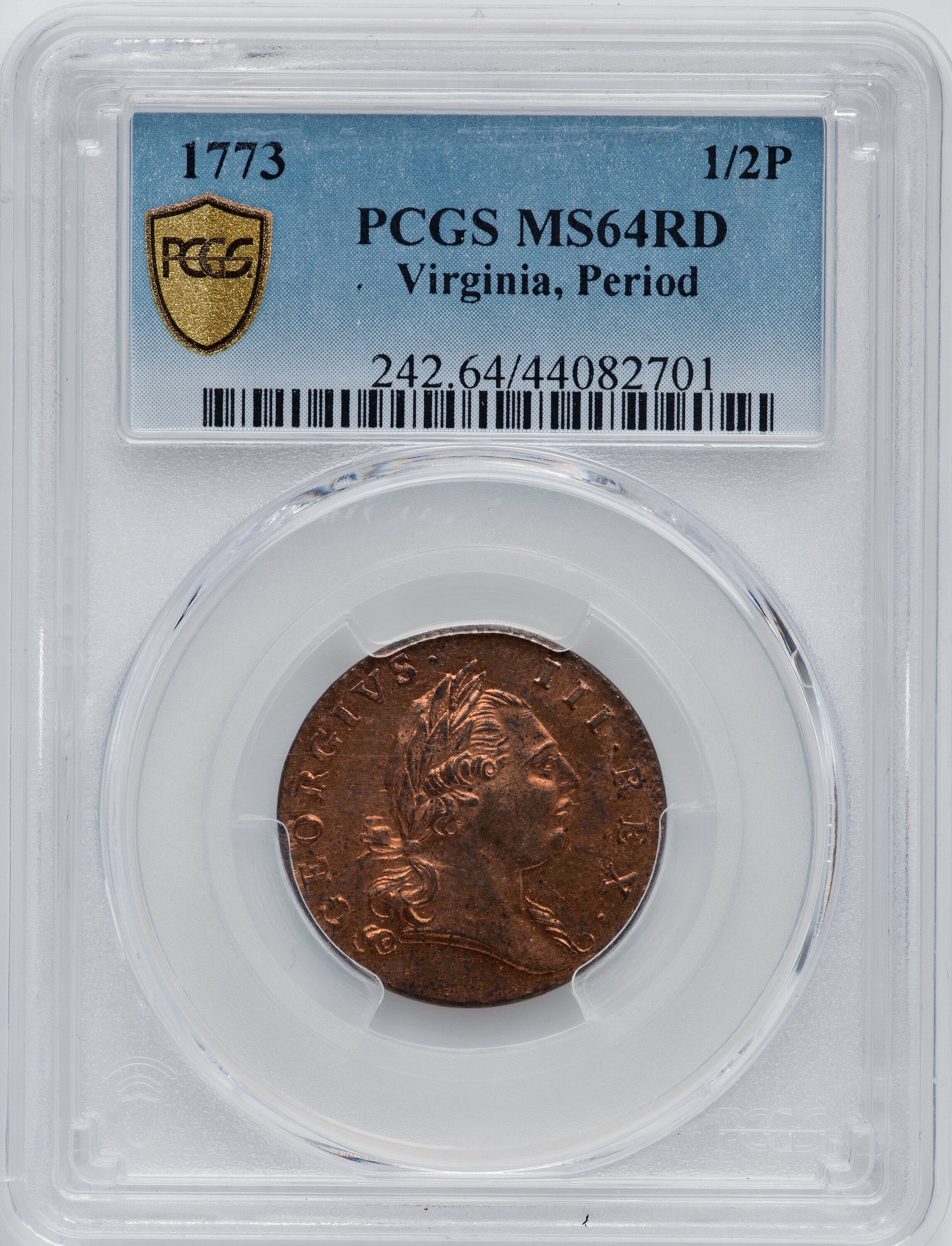 image for: 1773 1/2 P Virginia Halfpenny, Period, MS64 Red PCGS. PCGS Population: (44/3 and 1/0+). NGC Census: (0/0 and 0/0+). CDN: $2...