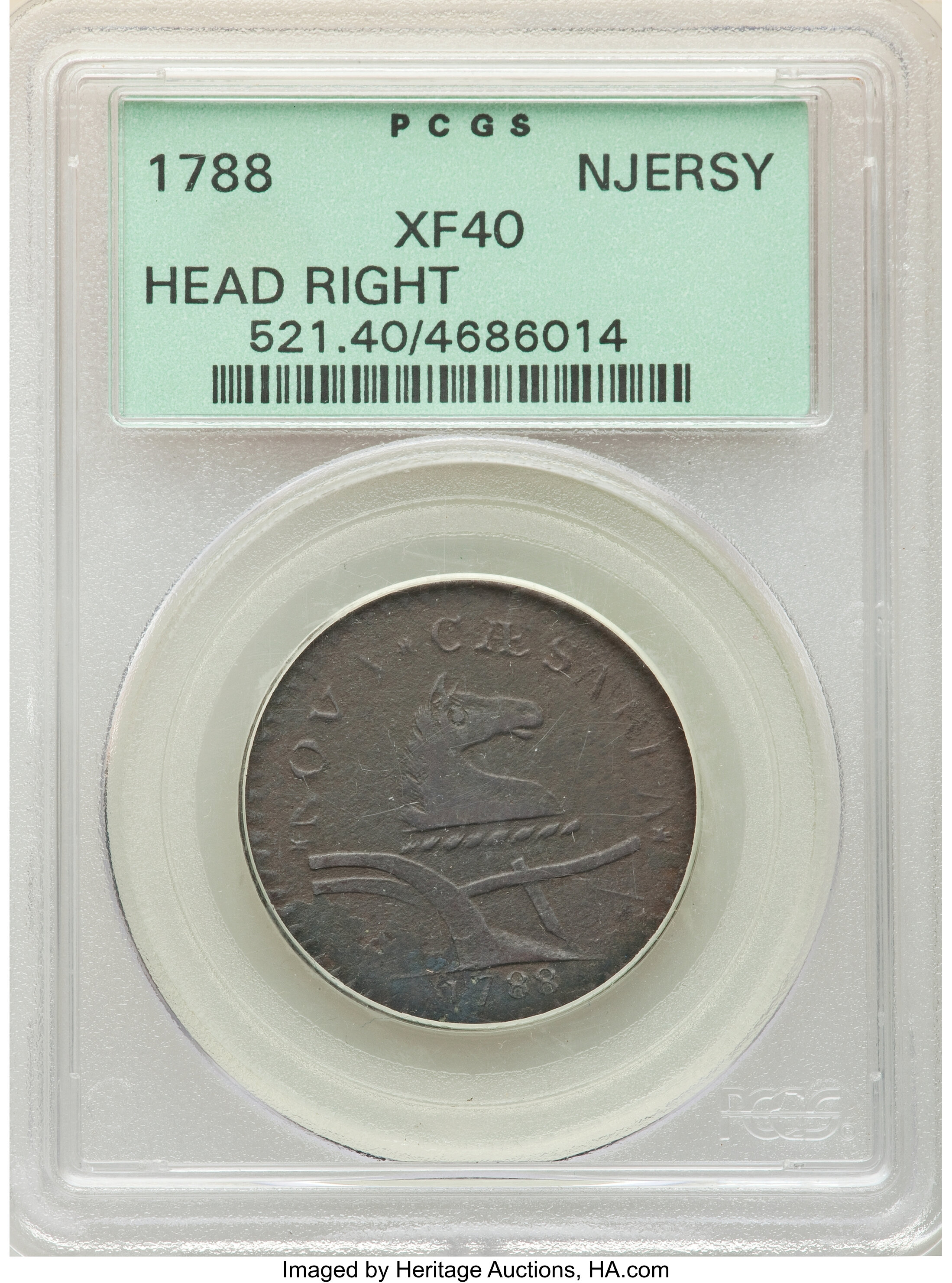 image for: 1788 NJERSY New Jersey Copper, Head Right XF40 PCGS. PCGS Population: (10/18). NGC Census: (2/9). XF40. ...