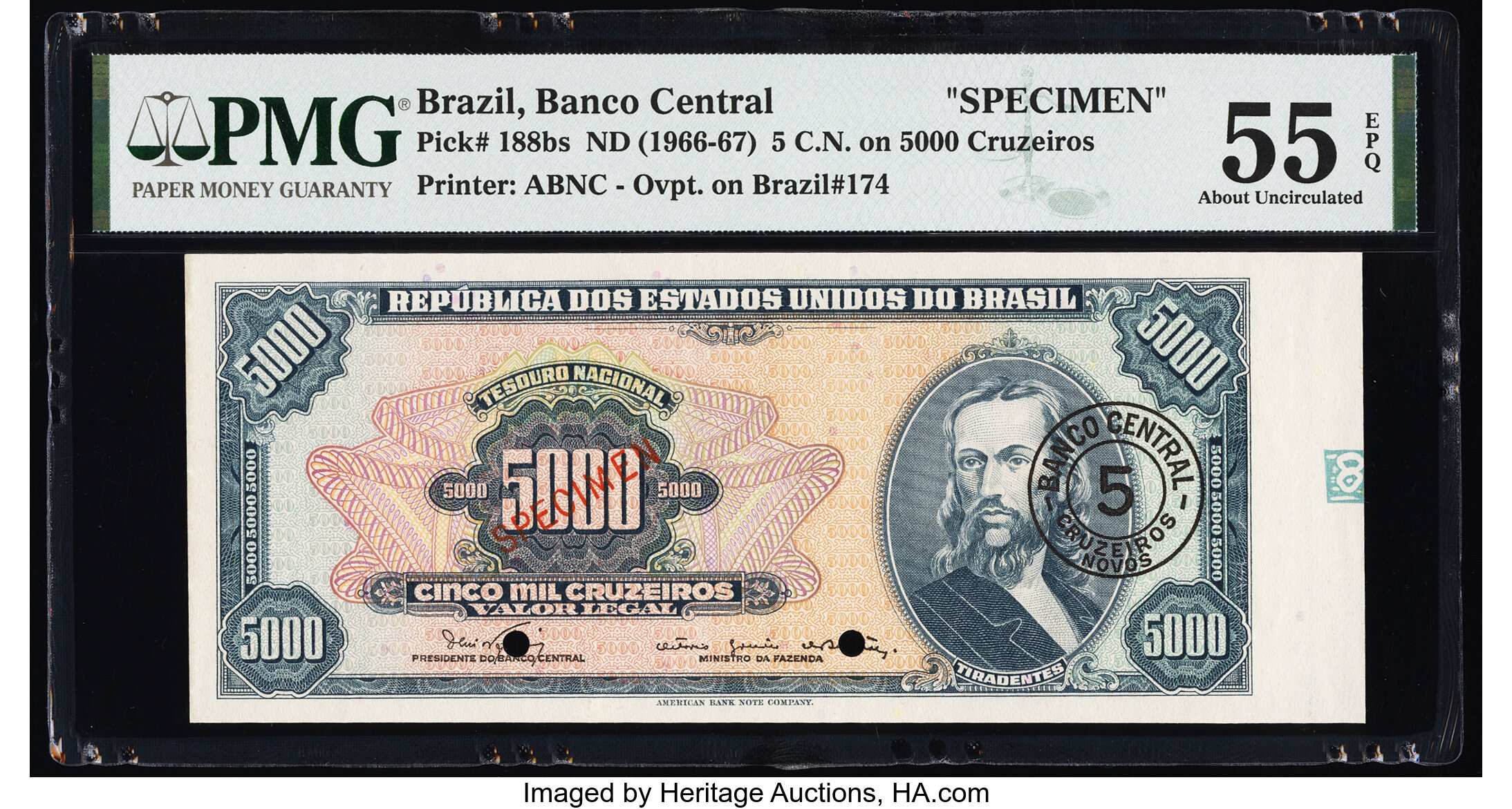 image for: Brazil  5 cruzeiros novos on 5,000 cruzeiros (B808b)