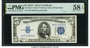 image for: Fr. 1651* $5 1934A Mule Silver Certificate Star. PMG Choice About Unc 58 EPQ....