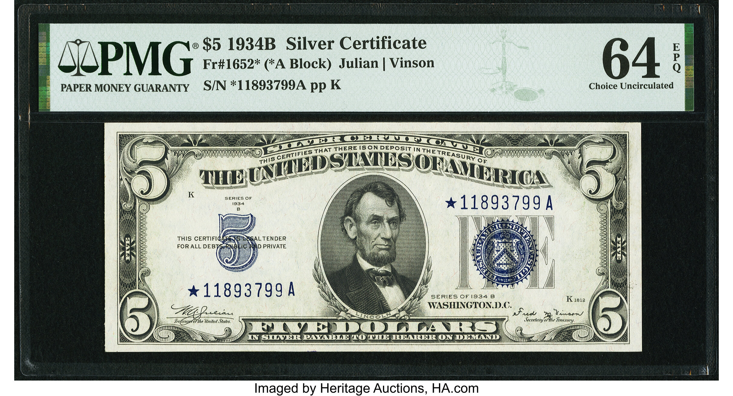 image for: Fr. 1652* $5 1934B Silver Certificate Star. PMG Choice Uncirculated 64 EPQ....