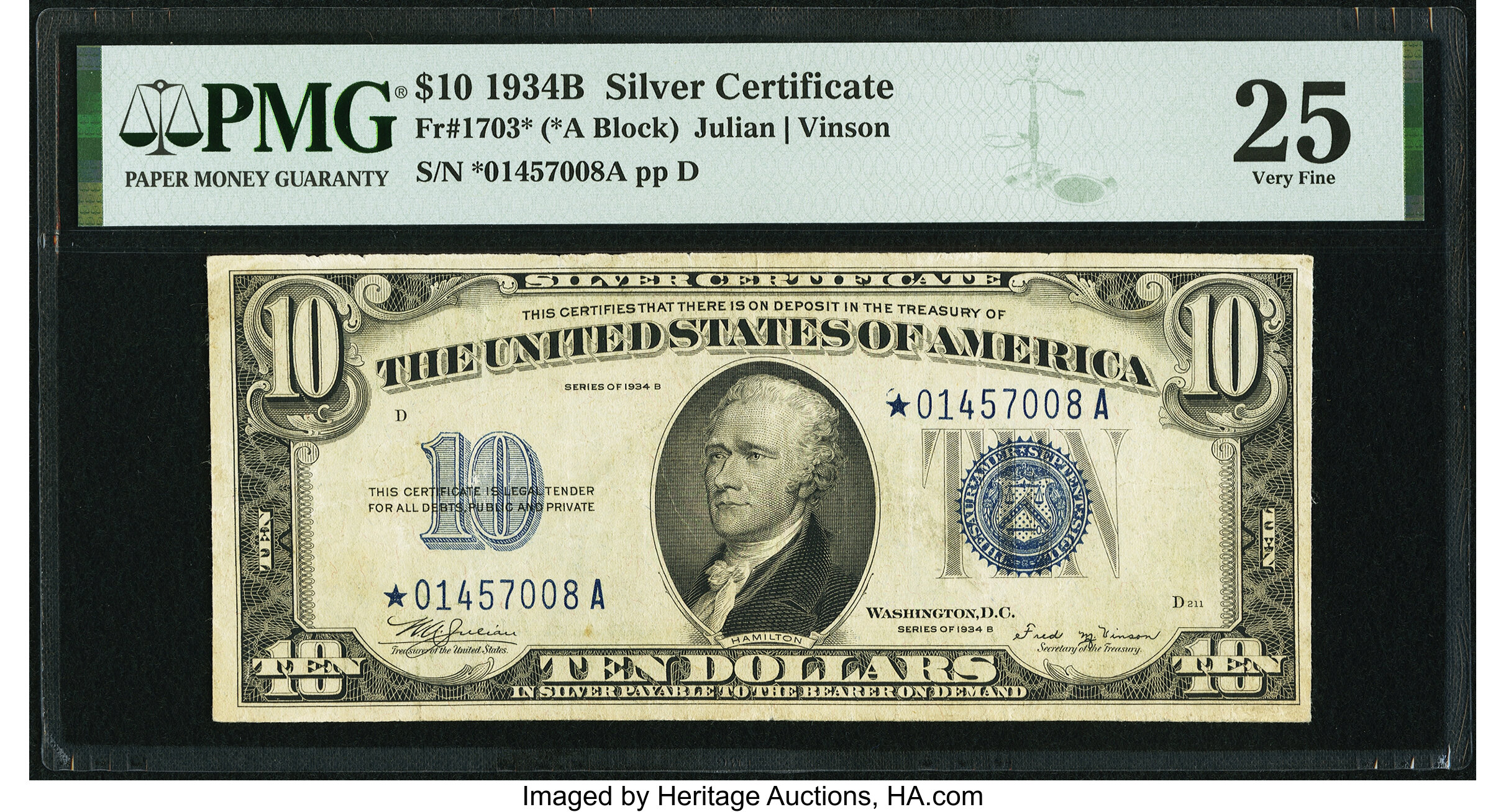 image for: Fr. 1703* $10 1934B Silver Certificate Star. PMG Very Fine 25....