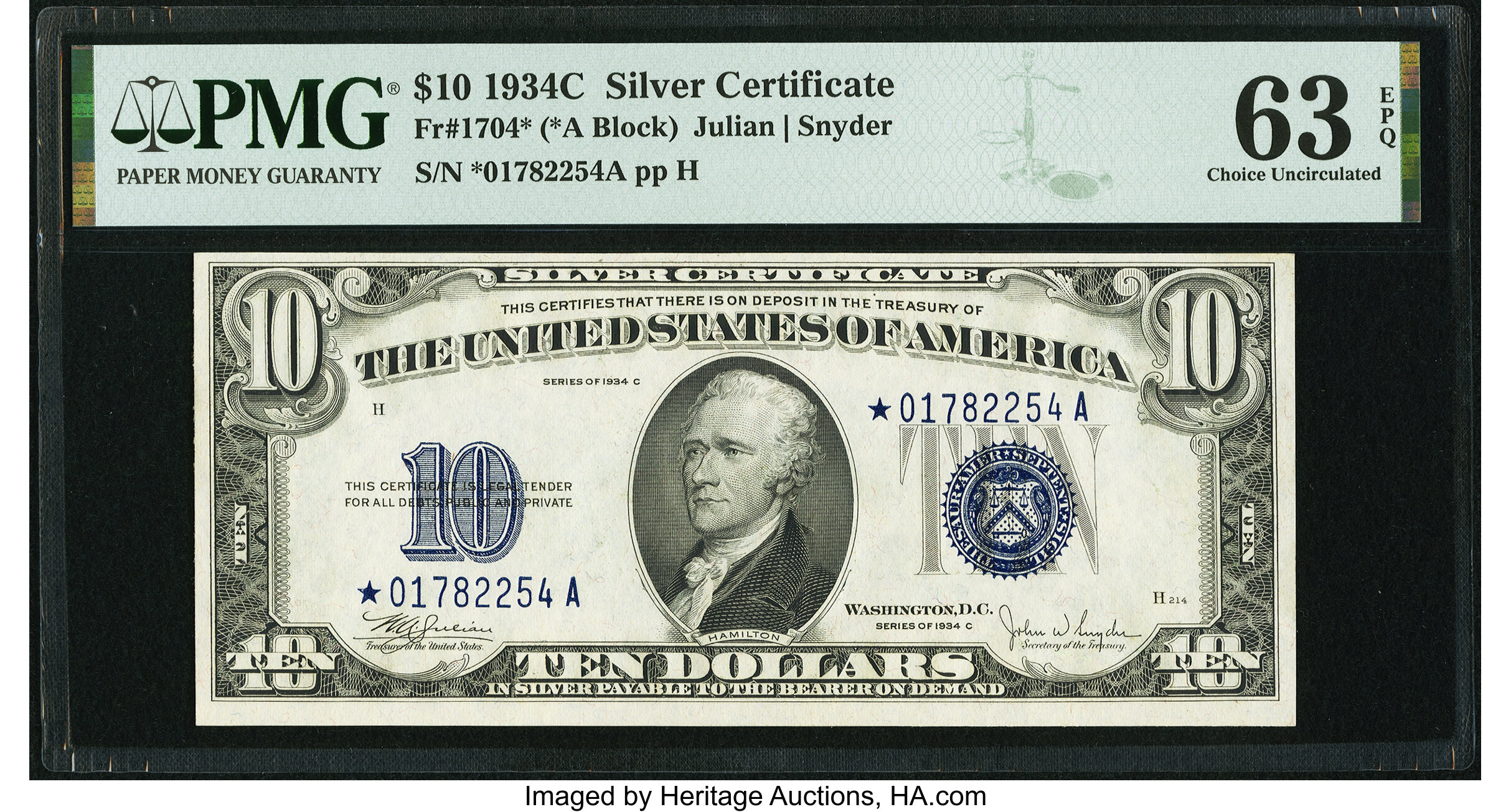image for: Fr. 1704* $10 1934C Silver Certificate Star. PMG Choice Uncirculated 63 EPQ....