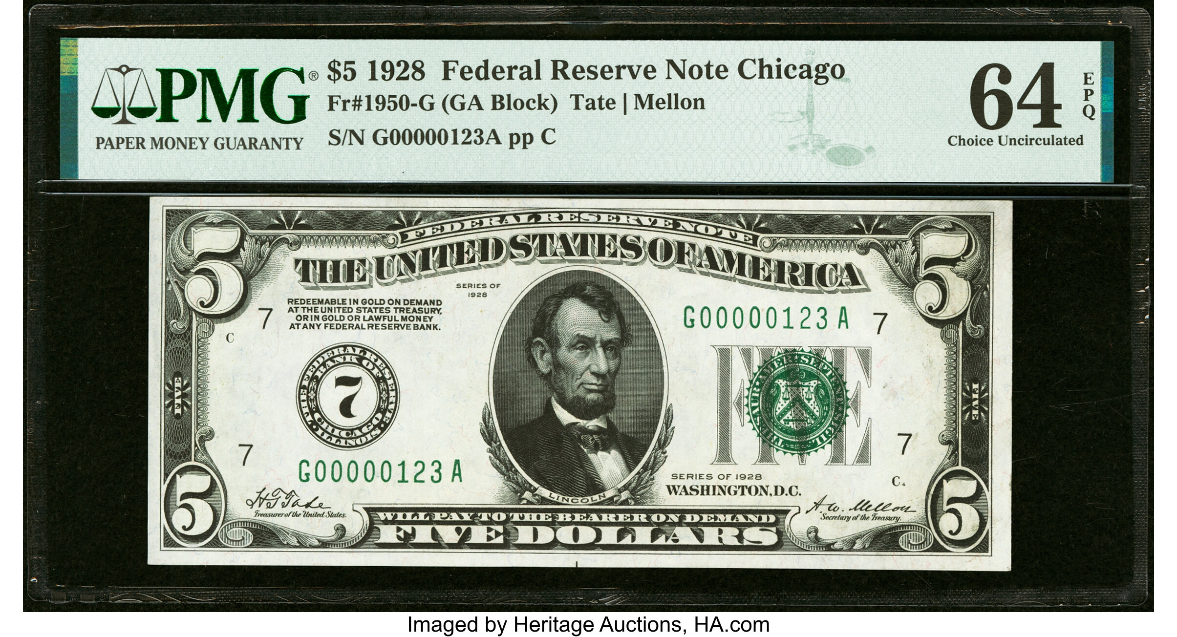 image for: Low Serial Number 123 Fr. 1950-G $5 1928 Federal Reserve Note. PMG Choice Uncirculated 64 EPQ....