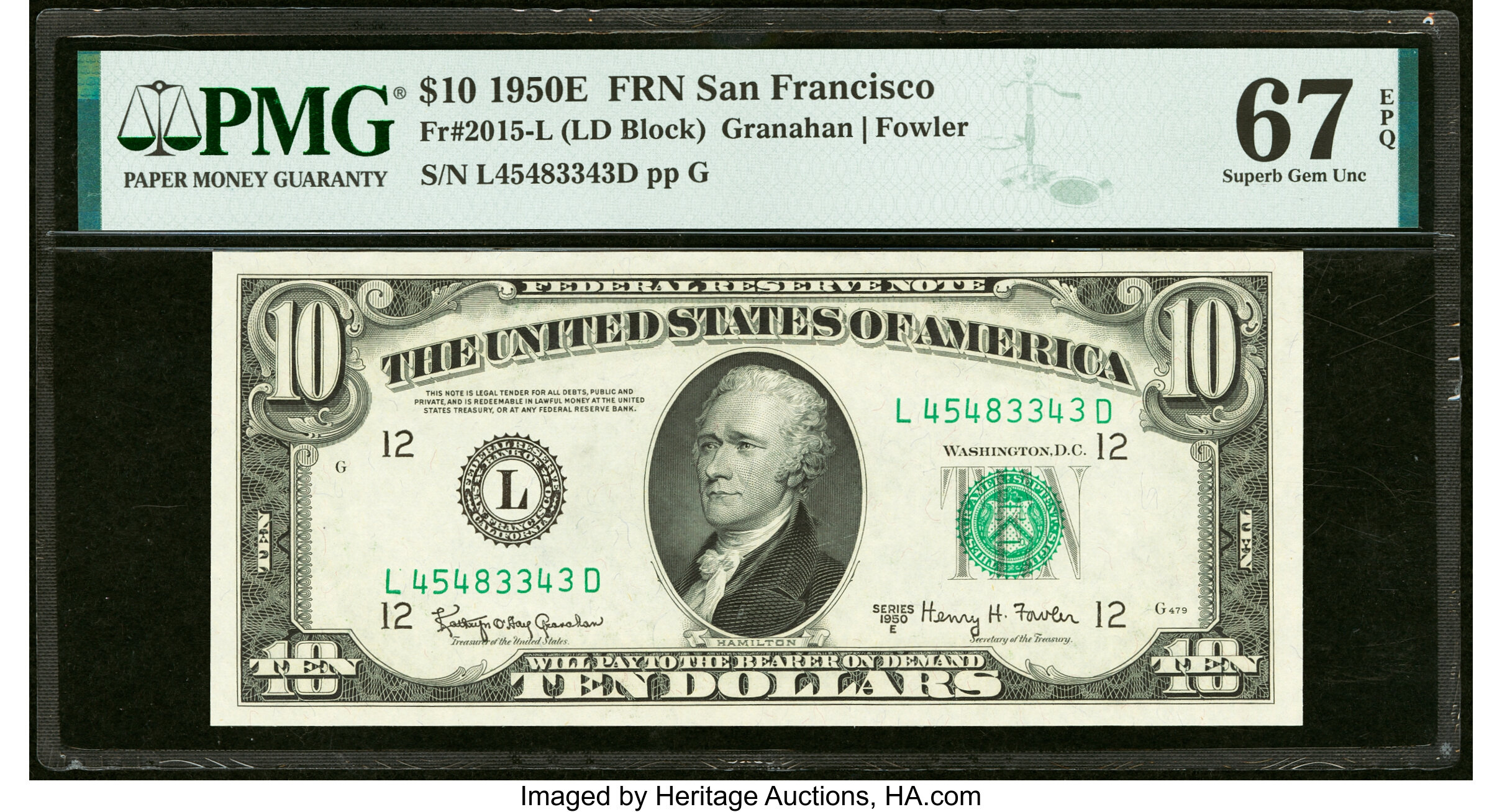 image for: Fr. 2015-L $10 1950E Federal Reserve Note. PMG Superb Gem Unc 67 EPQ....