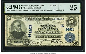 image for: New York, NY - $5 1902 Date Back Fr. 591 The National City Bank Ch. # (E)1461 PMG Very Fine 25....