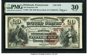 image for: Pittsburgh, PA - $20 1882 Brown Back Fr. 501 The Duquesne National Bank Ch. # (E)2278 PMG Very Fine 30....