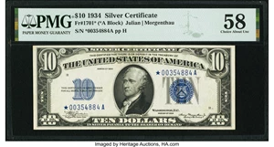 image for: Fr. 1701* $10 1934 Silver Certificate Star. PMG Choice About Unc 58....