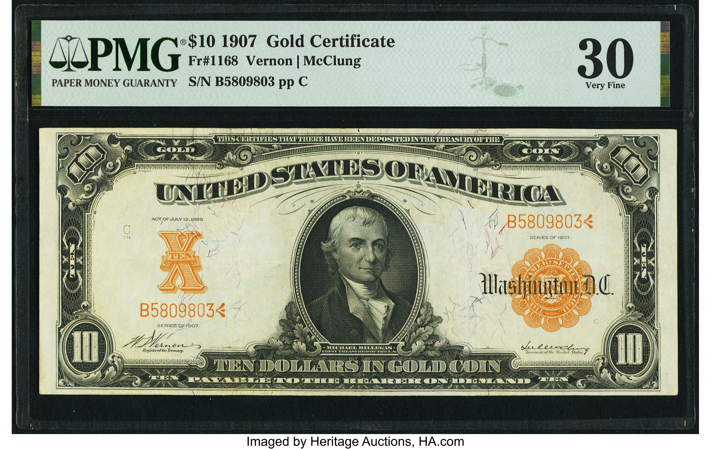 image for: Fr. 1168 $10 1907 Gold Certificate PMG Very Fine 30....