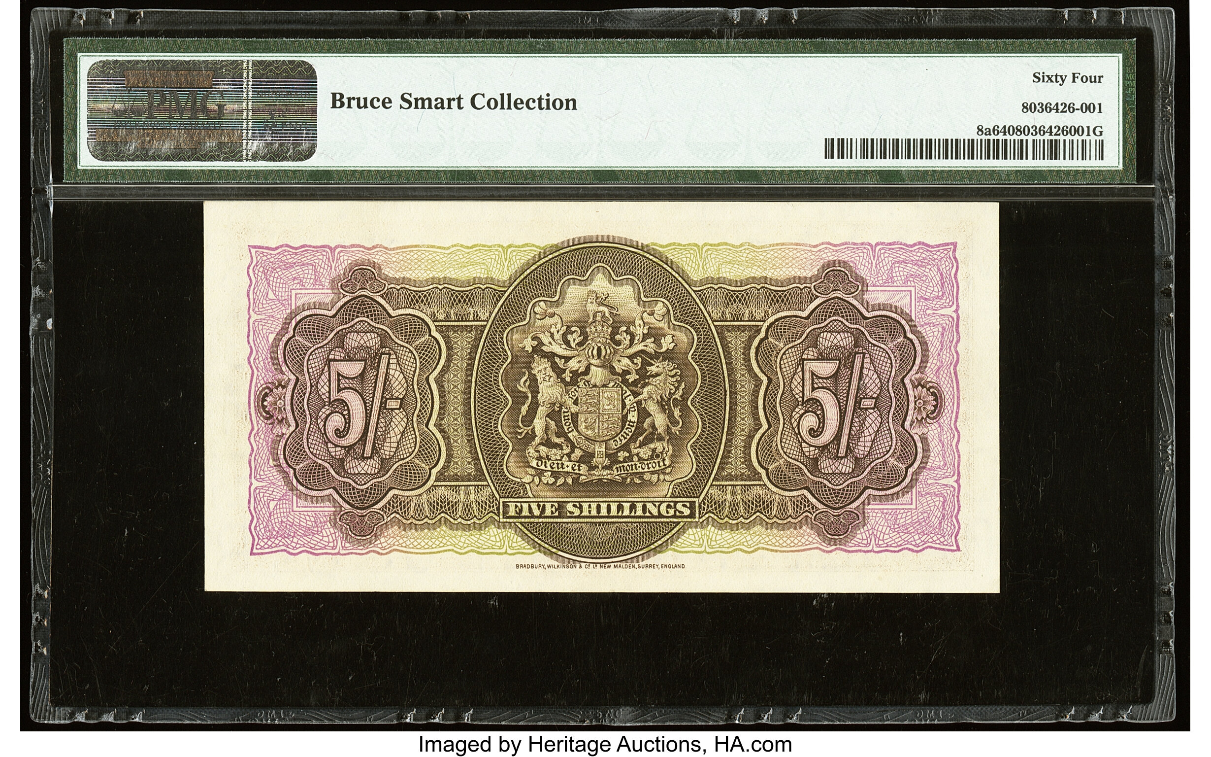 Bermuda Government 5 shillings B108t,P8ct Blue; red round BWC ovpt  front/back; horizontal red SPECIMEN OF NO VALUE ovpt upper left front/back;  no date; no sig ; no s/n Pricing Guide | The