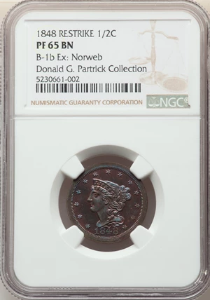 image for: 1848 1/2 C Restrike Series VII, B-1b, R.8, PR65 Brown NGC. ...