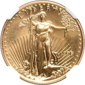 image for: 1998 $10 Quarter-Ounce Gold Eagle MS70 NGC. NGC Census: (475). PCGS Population: (70). CDN: $1,600 Whsle. Bid for NGC/PCGS M...