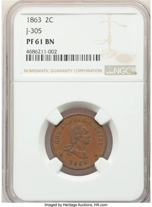 image for: 1863 2C Two Cent Piece, Judd-305, Pollock-370, Baker-37, Musante GW-670, R.4, PR61 Brown NGC. NGC Census: (4/22). PCGS Popu...