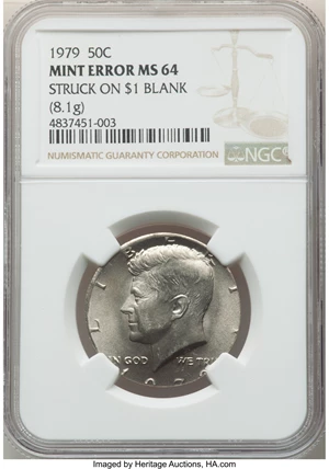 image for: 1979 50C Kennedy Half Dollar -- Struck on an Anthony Dollar Blank -- MS64 NGC. 8.1 grams...