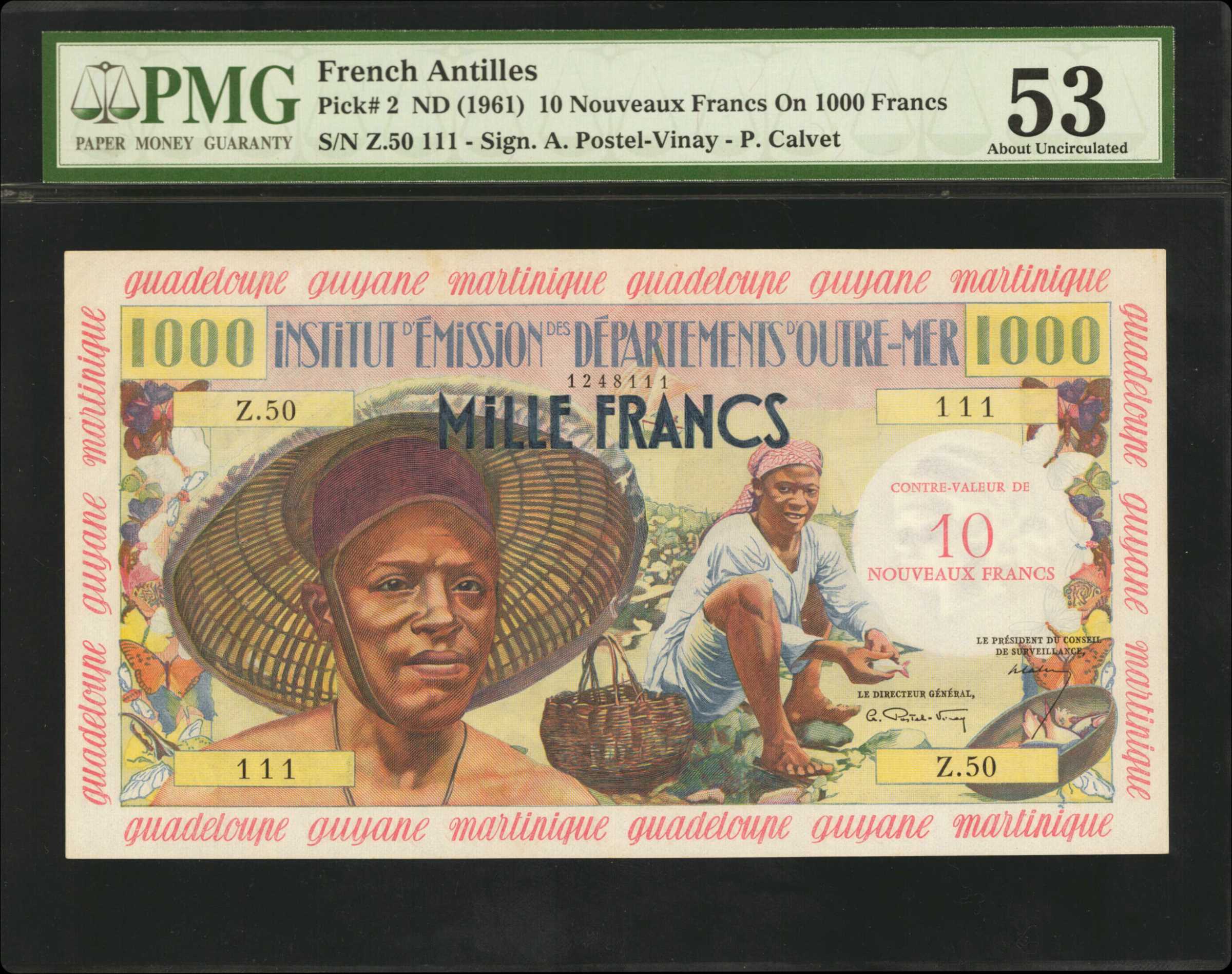 image for: French Antilles  10 nouveaux francs on 1,000 francs (B102as2)