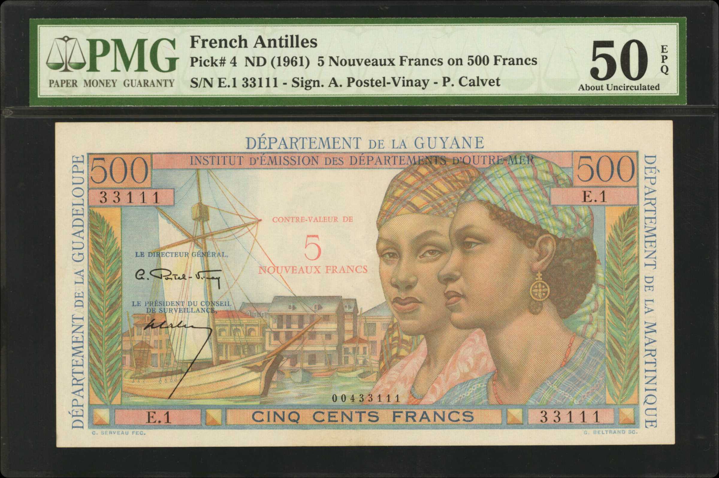 image for: French Antilles  5 nouveaux francs on 500 francs (B104a)