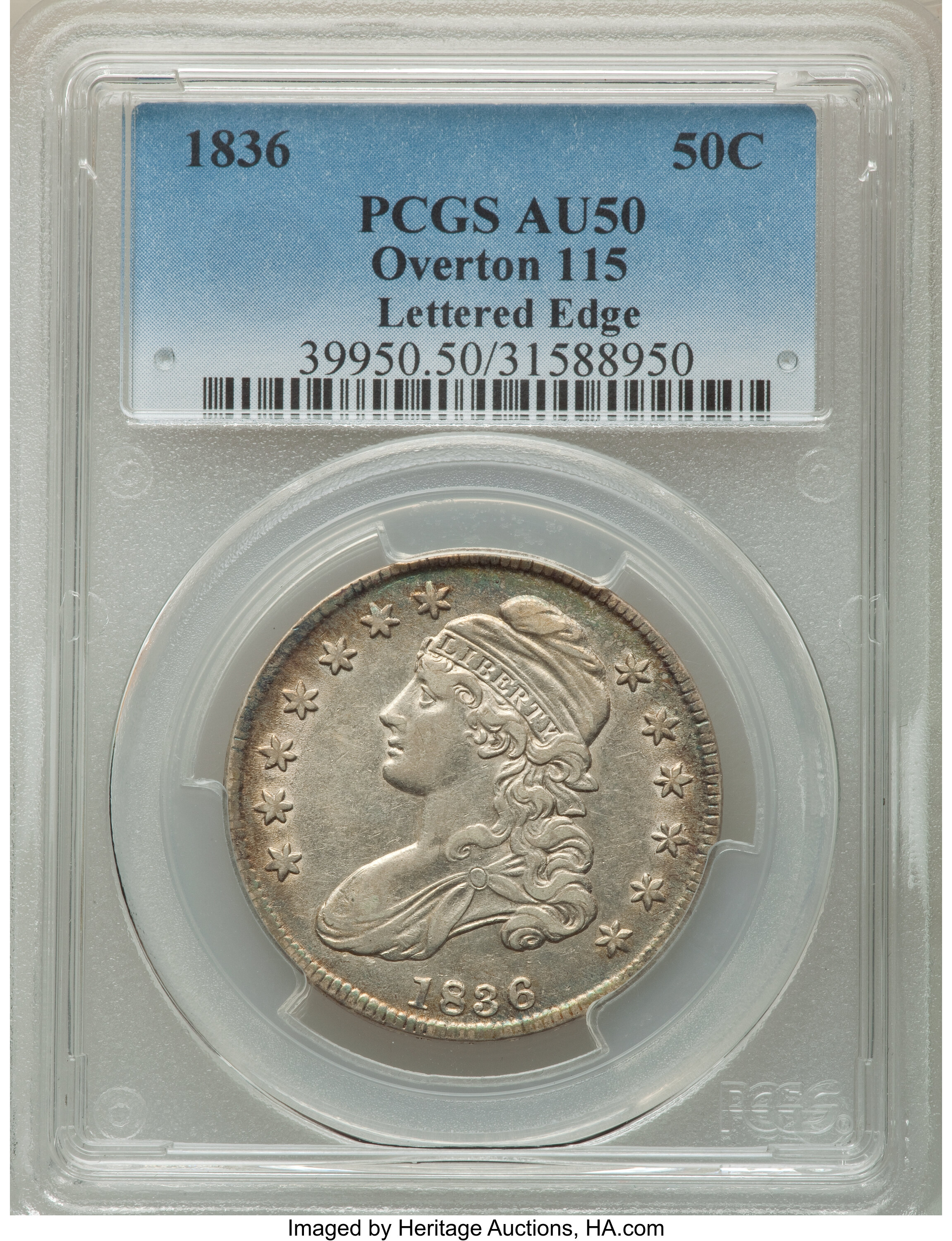 image for: 1836 50C Lettered Edge, O-115, R.3, AU50 PCGS. PCGS Population: (2/6). NGC Census: (1/10). CDN: $297 Whsle. Bid for NGC/PCG...