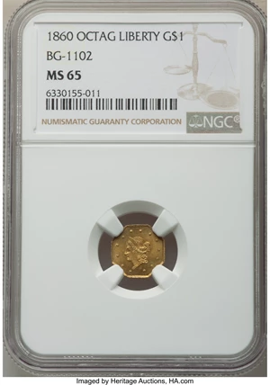 image for: 1860 $1 Liberty Octagonal 1 Dollar, BG-1102, R.4, MS65 NGC. NGC Census: (6/0). PCGS Population: (6/3). MS65. ...
